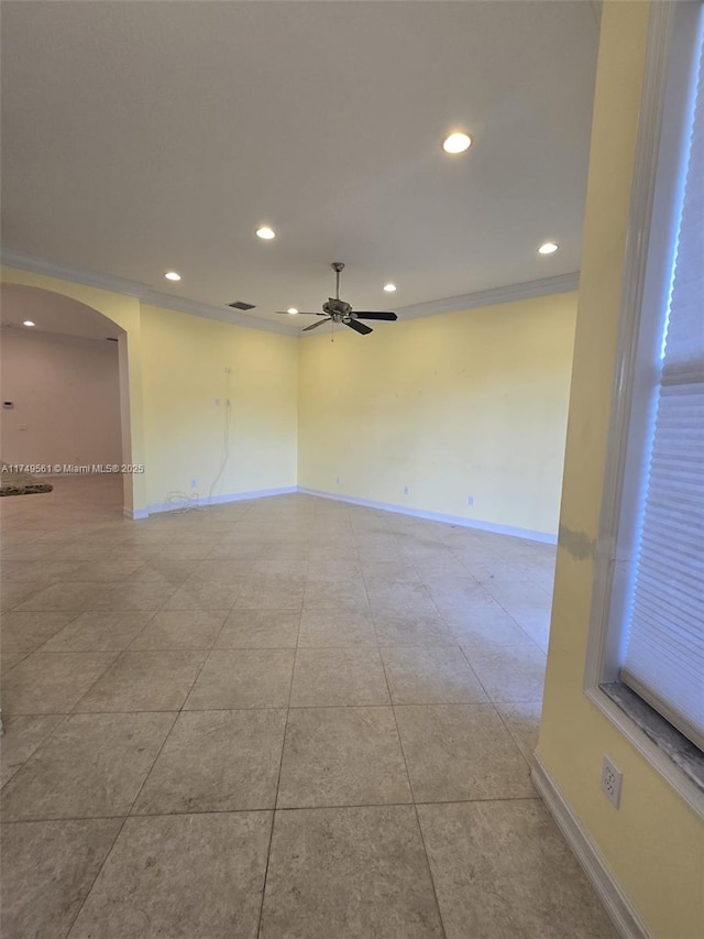 spare room with recessed lighting, ceiling fan, and baseboards