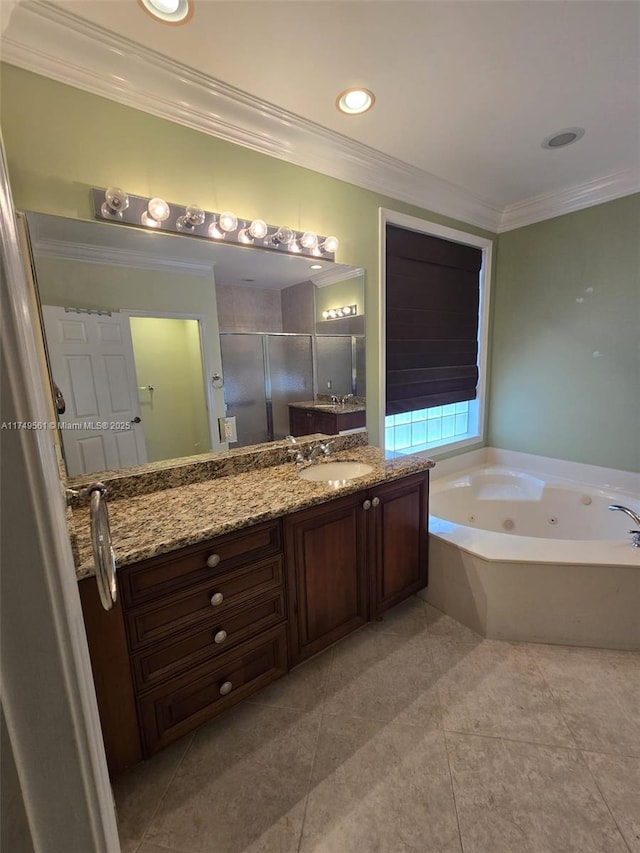 full bathroom featuring vanity, ornamental molding, tile patterned floors, a whirlpool tub, and a stall shower