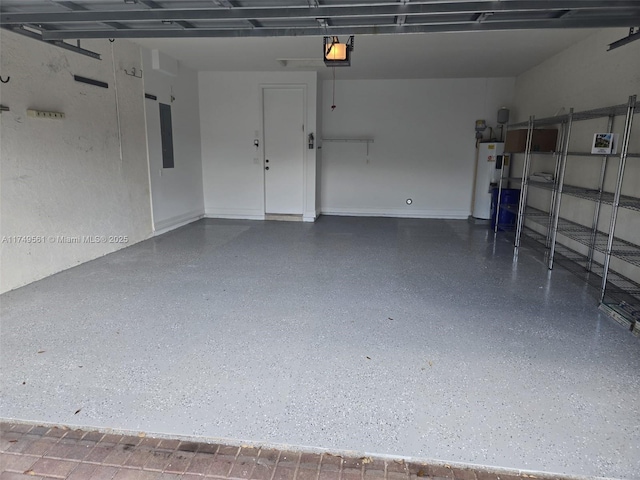 garage featuring electric panel and electric water heater