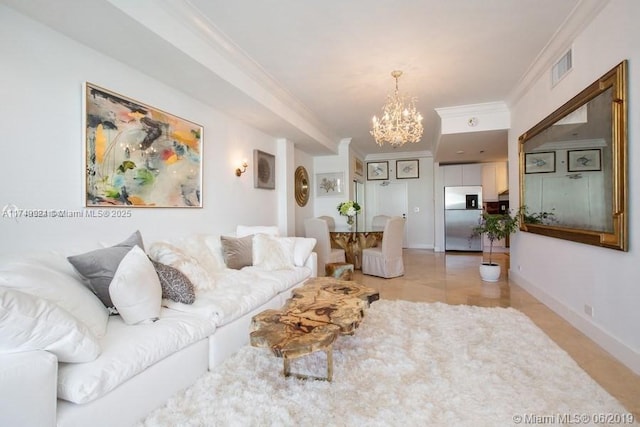 living room featuring baseboards, visible vents, ornamental molding, a chandelier, and light tile patterned flooring