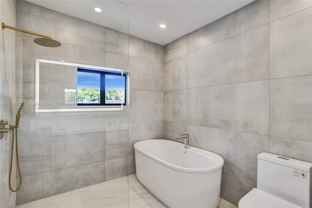 full bathroom featuring a walk in shower, toilet, recessed lighting, tile walls, and a soaking tub