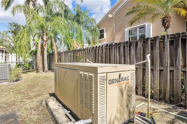 details featuring a power unit, central AC, and a fenced backyard