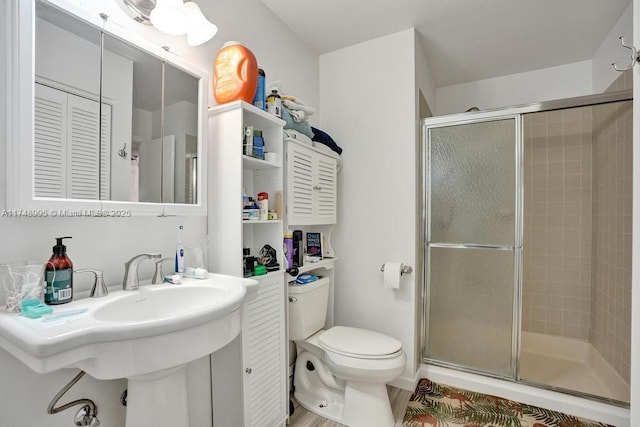 full bathroom with a closet, a sink, a shower stall, and toilet