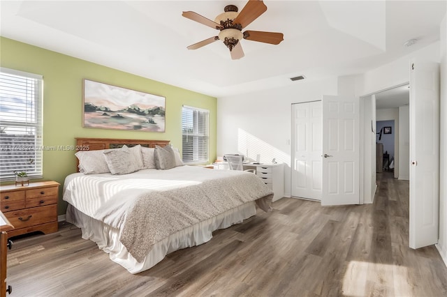 bedroom featuring ceiling fan, a tray ceiling, a closet, and wood finished floors