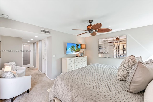 bedroom featuring baseboards, visible vents, light colored carpet, ceiling fan, and recessed lighting