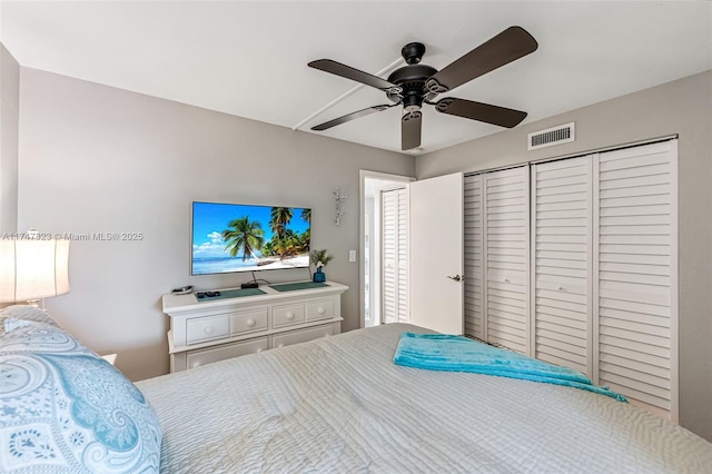 bedroom with a closet, visible vents, and a ceiling fan