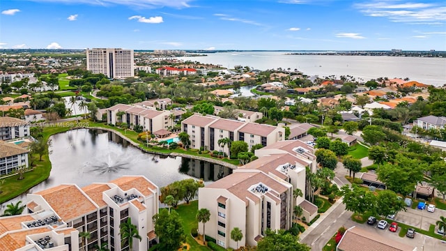 aerial view featuring a water view and a residential view