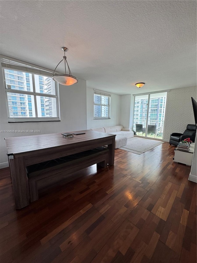 dining room featuring a textured ceiling and dark wood-type flooring