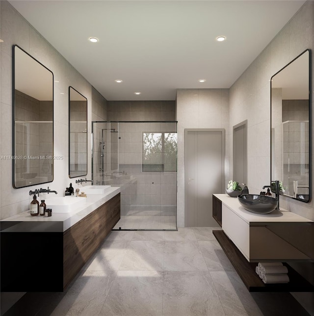702 NW 5th Ave, Delray Beach, FL 33444 - full bathroom with tiled shower, double vanity, and recessed lighting