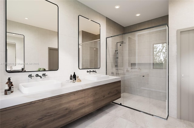 702 NW 5th Ave, Delray Beach, FL 33444 - full bathroom with tiled shower, double vanity, and recessed lighting