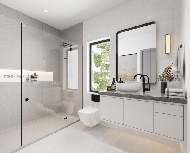 702 NW 5th Ave, Delray Beach, FL 33444 - bathroom featuring a walk in shower, vanity, tile patterned floors, and toilet