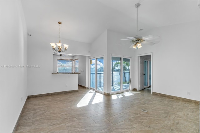 empty room featuring high vaulted ceiling, baseboards, and ceiling fan with notable chandelier