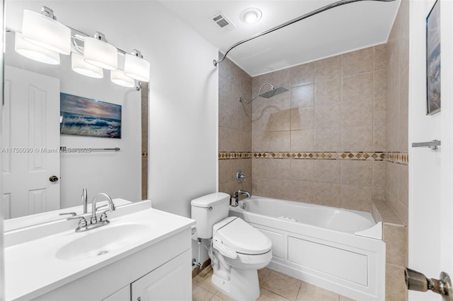 bathroom featuring vanity, toilet, tile patterned floors, shower / bathing tub combination, and visible vents