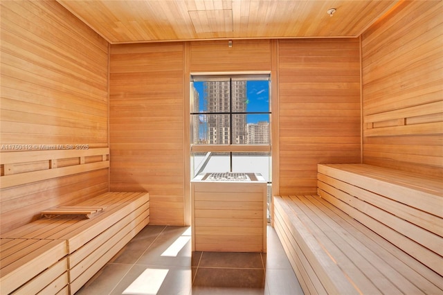 view of sauna featuring tile patterned flooring