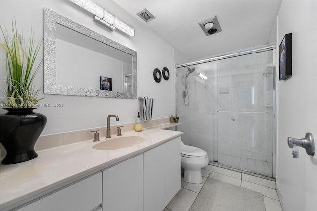 full bathroom with vanity, a shower stall, toilet, and visible vents