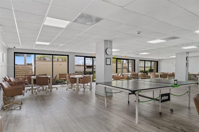 rec room with a paneled ceiling, plenty of natural light, and wood finished floors