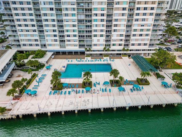 300 Bayview Dr Unit 807, Sunny Isles Beach, FL 33160 - bird's eye view of apartment complex, a nearby body of water, and a pool