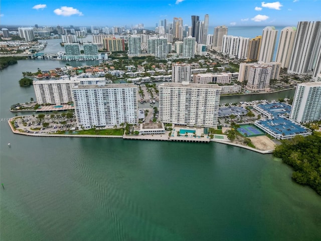 bird's eye view with a city view and a water view