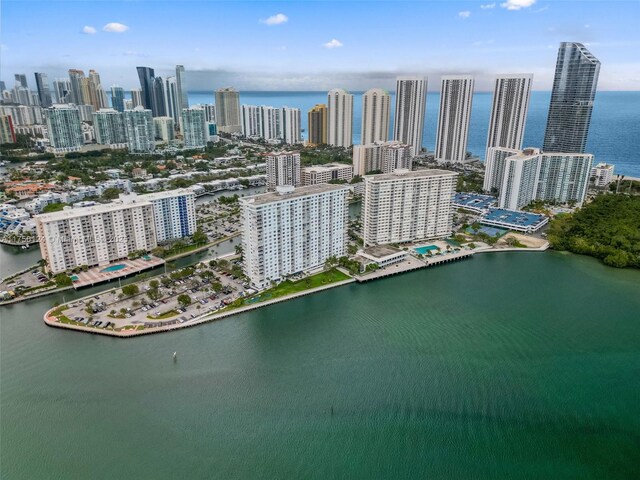 aerial view featuring a city view and a water view