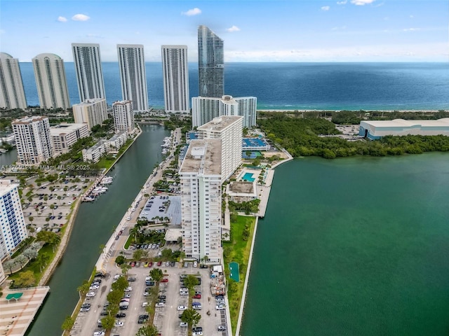 aerial view with a city view and a water view