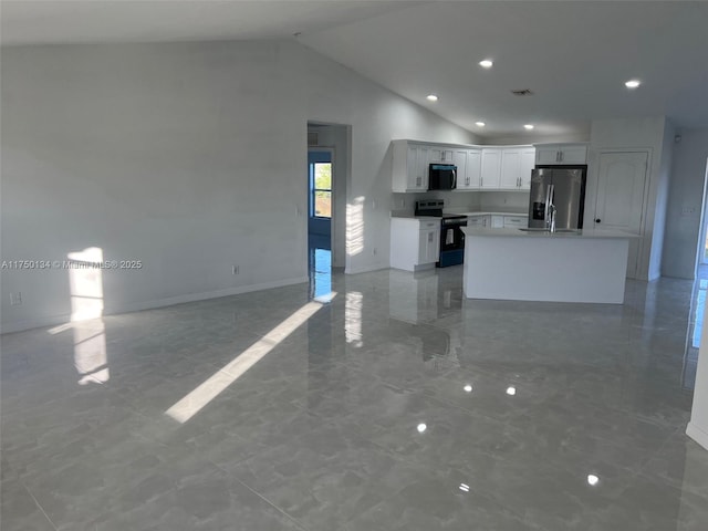 kitchen featuring light countertops, electric range oven, open floor plan, white cabinetry, and stainless steel fridge with ice dispenser