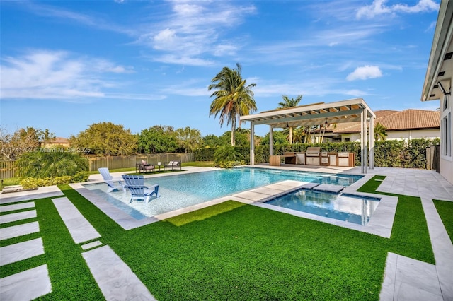14955 SW 33rd St, Davie, FL 33331 - view of pool with an in-ground hot tub, an outdoor kitchen, a patio area, and a fenced backyard