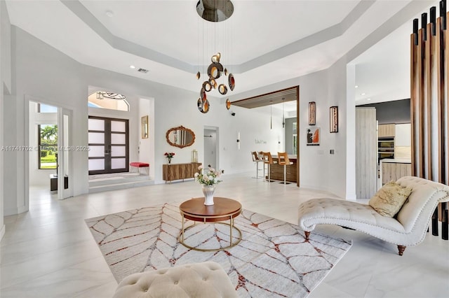 14955 SW 33rd St, Davie, FL 33331 - living area featuring a tray ceiling and a high ceiling