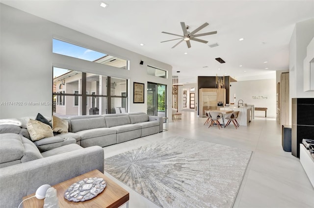 14955 SW 33rd St, Davie, FL 33331 - living room featuring a ceiling fan and recessed lighting