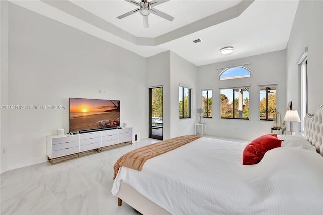 14955 SW 33rd St, Davie, FL 33331 - bedroom featuring marble finish flooring, a high ceiling, access to outside, and a ceiling fan