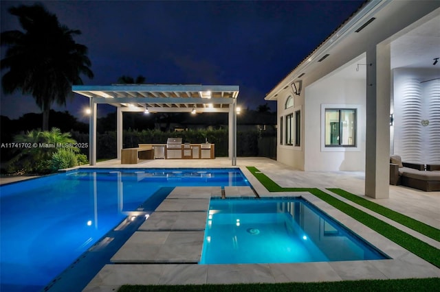14955 SW 33rd St, Davie, FL 33331 - pool at twilight featuring an outdoor pool, exterior kitchen, a pergola, and a patio area