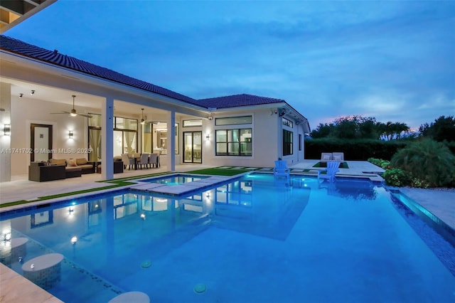 14955 SW 33rd St, Davie, FL 33331 - view of swimming pool with an outdoor living space, a ceiling fan, a patio, and a pool with connected hot tub