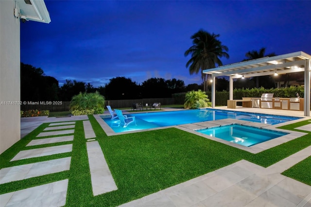 14955 SW 33rd St, Davie, FL 33331 - pool at twilight with an in-ground hot tub, area for grilling, a patio, and a pergola