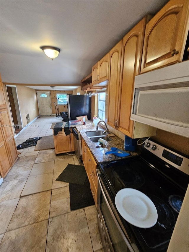 kitchen featuring electric stove, white microwave, and a sink