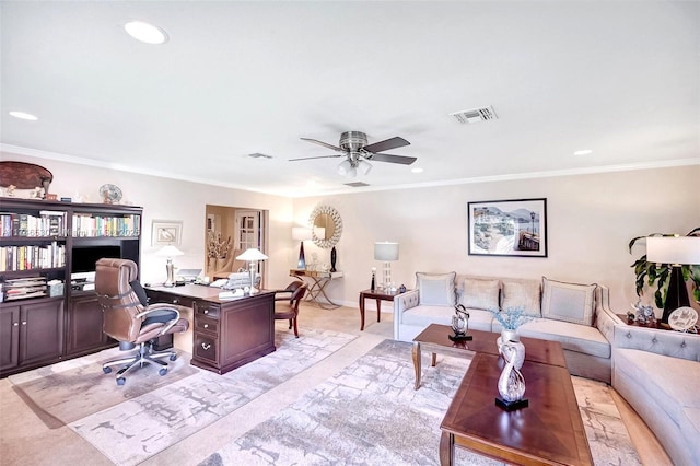 office space featuring visible vents, crown molding, and light carpet