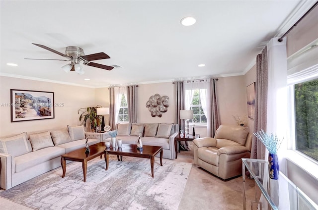 living room featuring ornamental molding, recessed lighting, light carpet, and ceiling fan