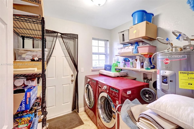 laundry area featuring laundry area, electric water heater, and washing machine and clothes dryer