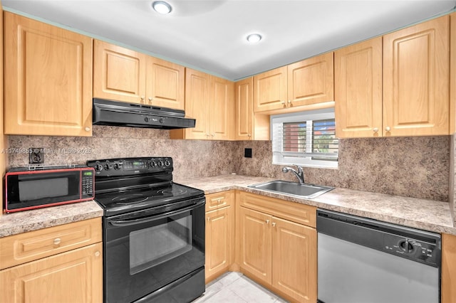 kitchen with under cabinet range hood, black range with electric stovetop, light countertops, and dishwasher