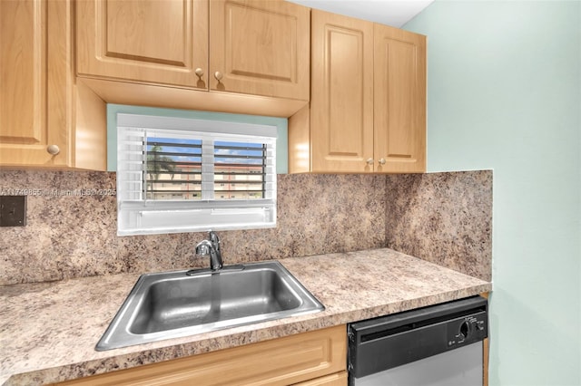 kitchen with light brown cabinets, a sink, light countertops, decorative backsplash, and dishwasher