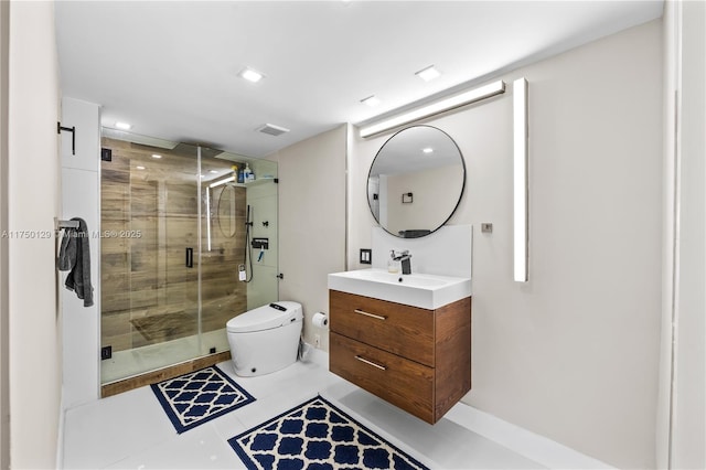 full bath with a shower stall, visible vents, vanity, and toilet