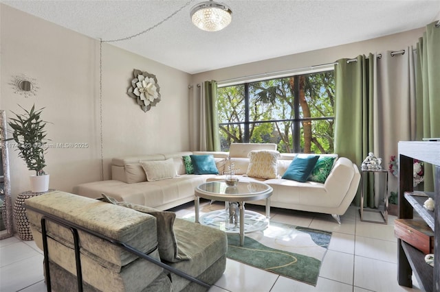 living room featuring a textured ceiling and light tile patterned floors