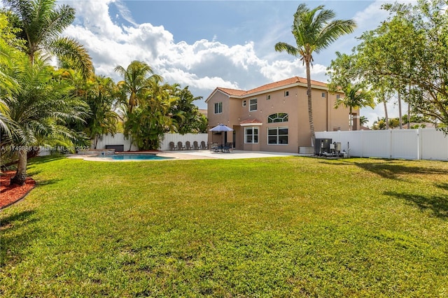 back of house featuring a patio, fence, a fenced in pool, and stucco siding