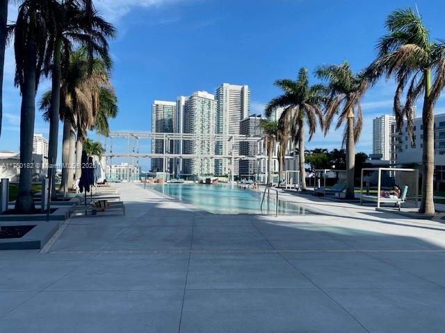 pool with a city view and a patio