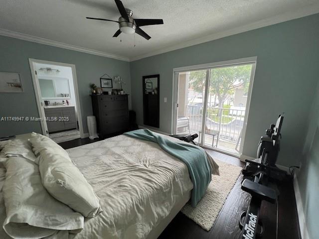 bedroom with access to exterior, crown molding, a textured ceiling, and a ceiling fan