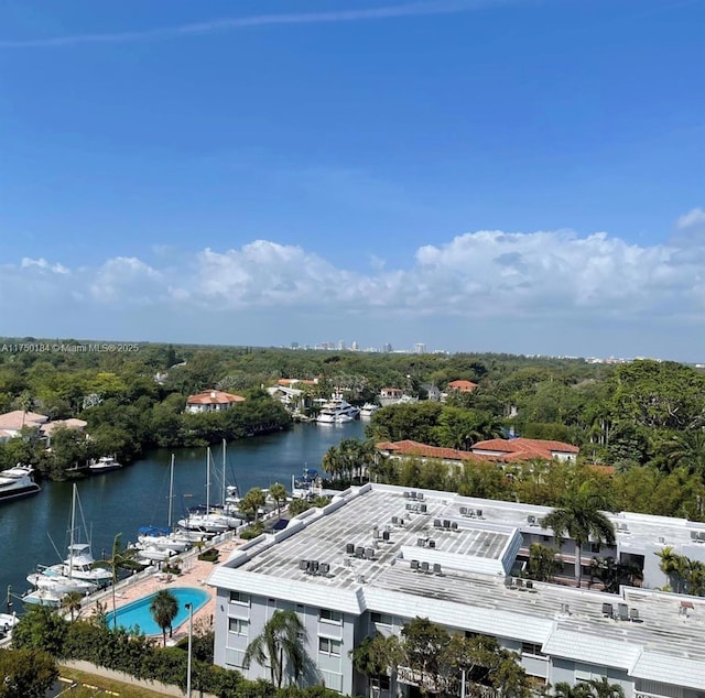 bird's eye view with a water view