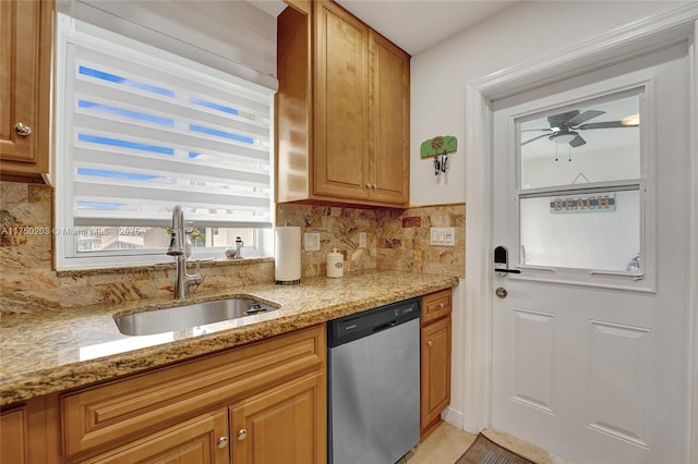 5300 Washington St Unit I203, Hollywood, FL 33021 - kitchen with backsplash, ceiling fan, stainless steel dishwasher, and a sink