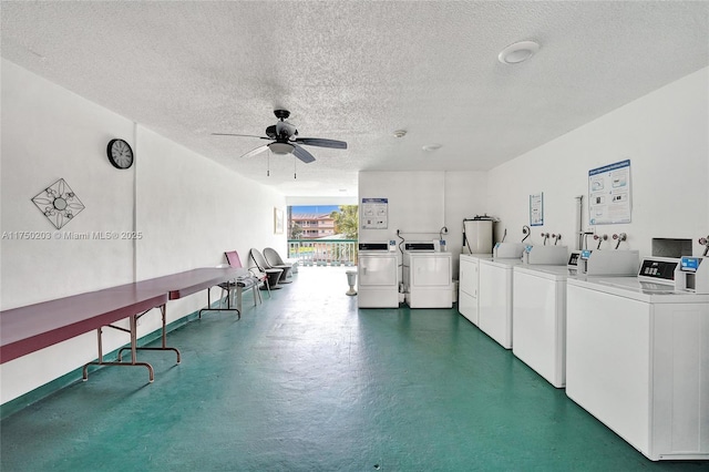 5300 Washington St Unit I203, Hollywood, FL 33021 - community laundry room with a textured ceiling, a ceiling fan, water heater, and washing machine and dryer