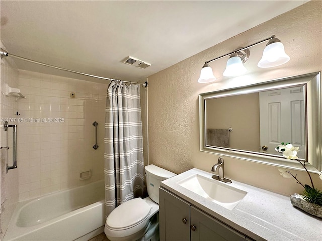 bathroom with shower / bath combo, visible vents, a textured wall, toilet, and vanity