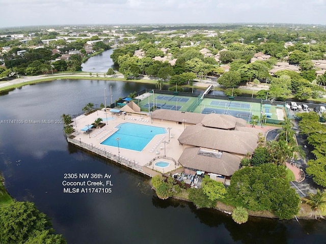 drone / aerial view with a water view