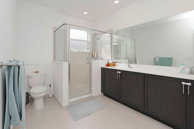 full bathroom with toilet, recessed lighting, vanity, a shower stall, and tile patterned floors