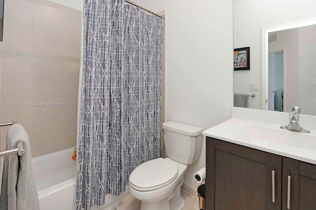 bathroom featuring toilet, visible vents, vanity, and shower / bathtub combination with curtain